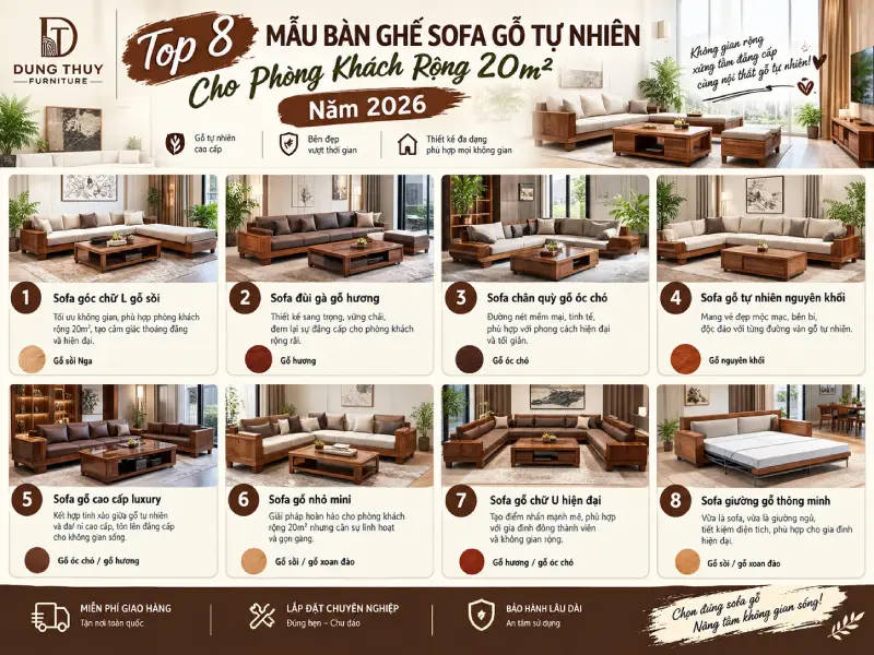 mẫu bàn ghế sofa gỗ phòng khách rộng 25m2