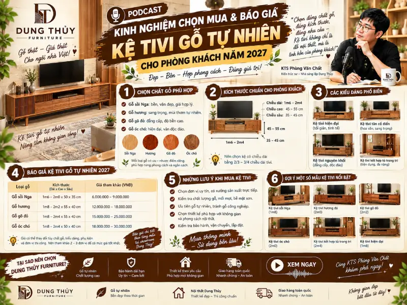Kinh nghiệm chọn mua & báo giá kệ tivi gỗ tự nhiên cho phòng khách