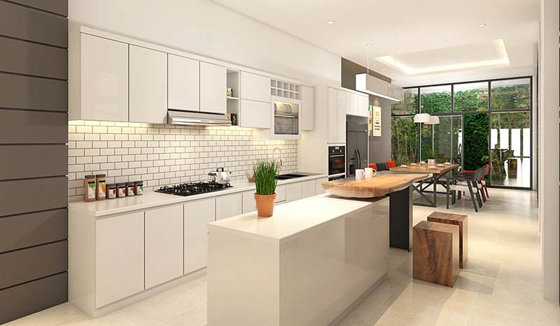 thiết kế nội thất phòng bếp 20m2 màu trắng