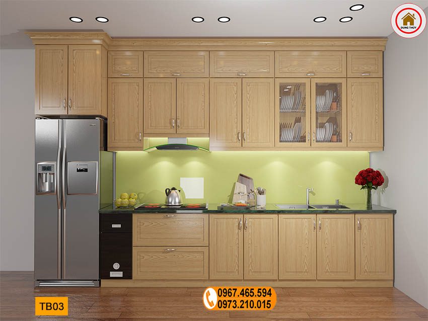 Tủ bếp dạng đứng liền tủ lạnh gỗ sồi Nga TB03