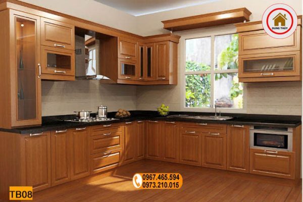 Tủ bếp chữ L gỗ xoan đào TB08