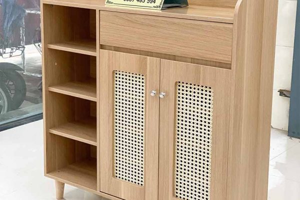 Tủ giầy dép 2 cánh 1 kệ kèm họa tiết đan mây gỗ công nghiệp TGD09