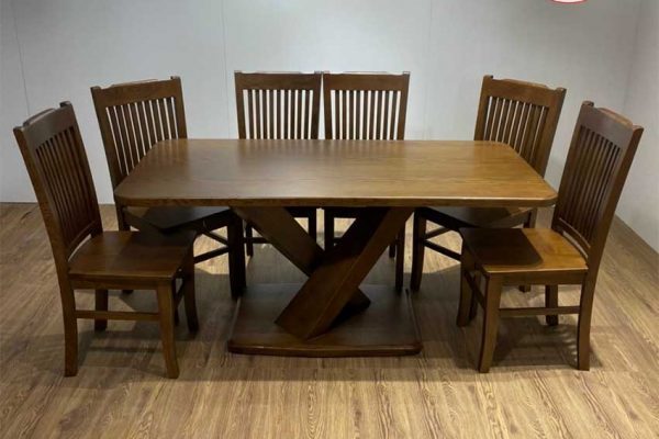 Bộ bàn ăn 6 ghế mặt bầu dục chân chéo gỗ sồi Nga BA32