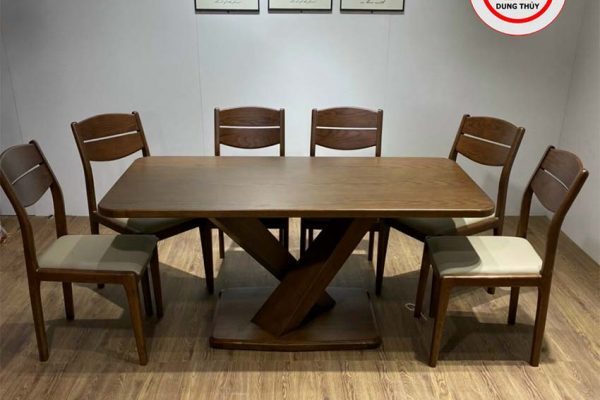 Bộ bàn ăn 6 ghế mặt bầu dục chân chéo gỗ sồi Nga BA32