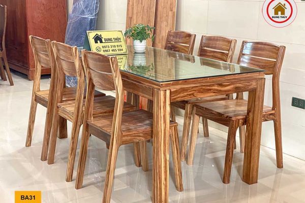 Bộ bàn ăn 6 ghế chân thẳng ghế 2 lá gỗ hương xám BA31