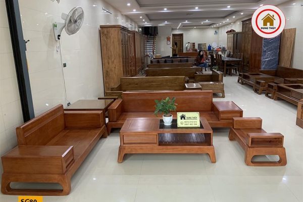 sofa 2 văng chân quỳ gỗ gõ đẹp SG80