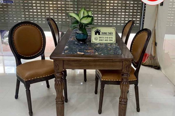 Bộ bàn ăn mặt đá nhân tạo 4 ghế kiểu cổ điển gỗ sồi BA35