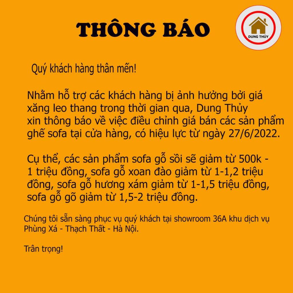 Thông báo về đợt điều chỉnh giá bán các sản phẩm sofa gỗ áp dụng từ 27/6/2022