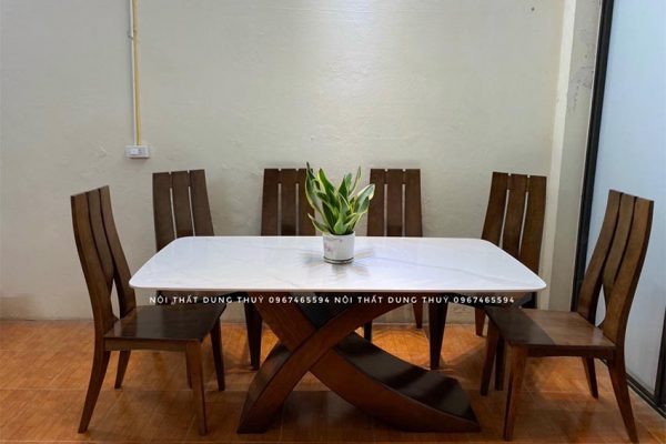 bàn ăn 6 ghế chân chữ X ghế H3 gỗ sồi