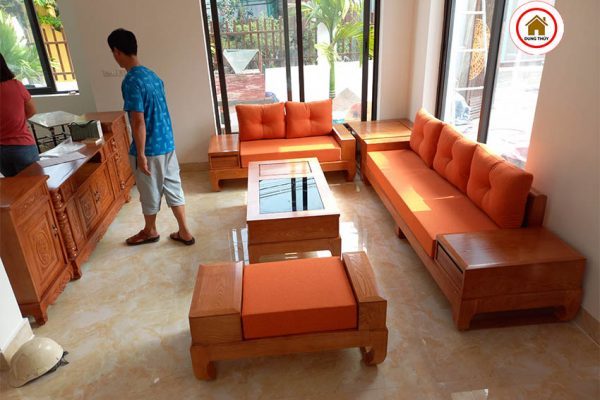 sofa 2 văng chân quỳ đẹp gỗ sồi