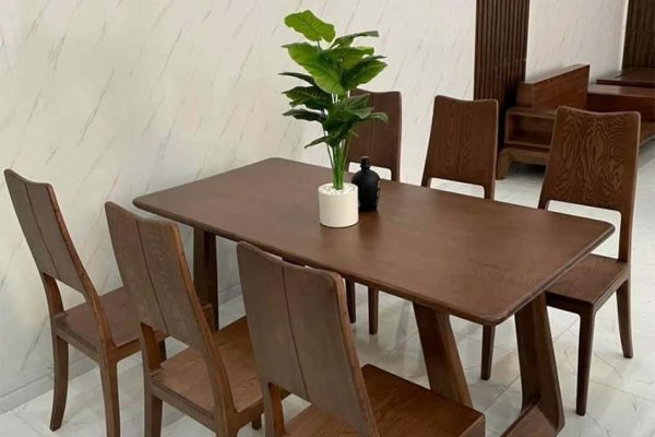 Bàn ăn chân quỳ chữ U kèm 6 ghế ba tiêu gỗ sồi Nga BA49