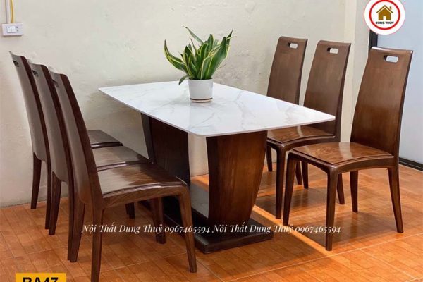Bàn ăn gỗ chữ C kèm 6 ghế mặt lồi gỗ sồi Nga BA47