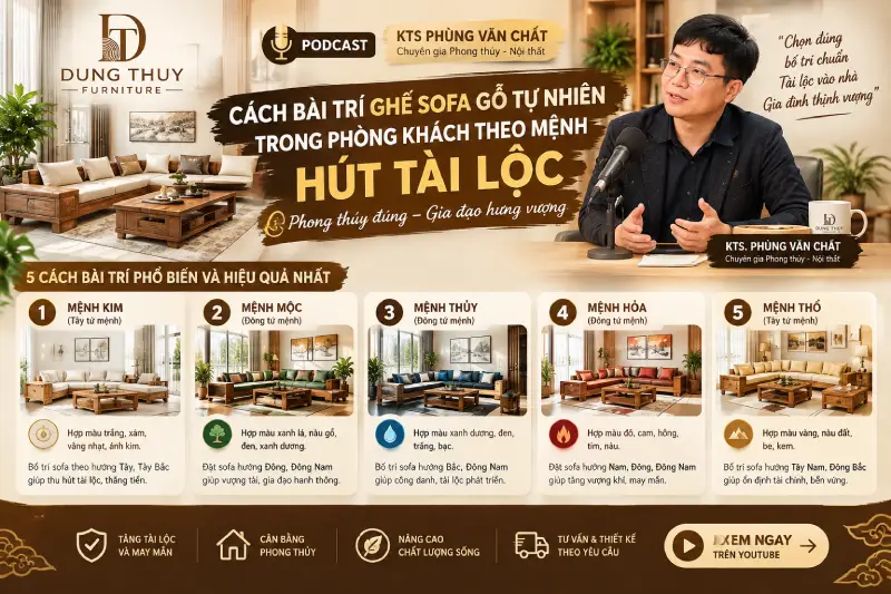 Cách bài trí ghế sofa gỗ tự nhiên trong phòng khách theo mệnh hút tài lộc