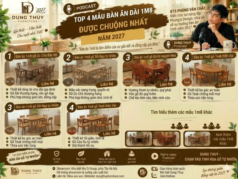 mẫu bàn ăn gỗ tự nhiên dài 1m8