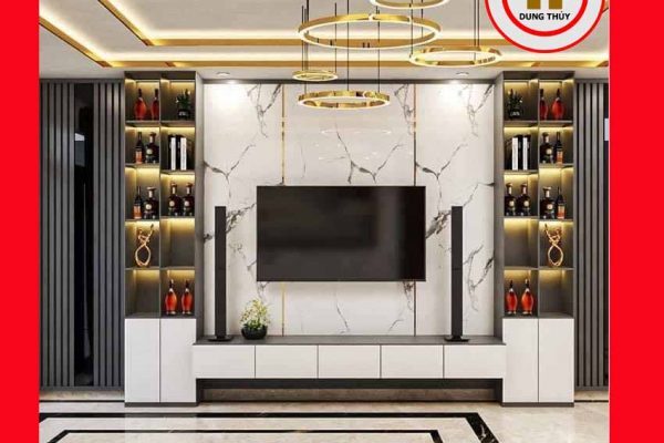 Vách ốp tường nan sóng kết hợp tủ rượu gỗ công nghiệp VO04