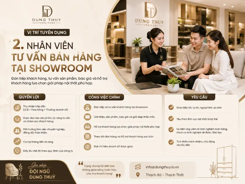 Nội thất Dung Thủy – Dung Thủy Furniture tuyển dụng Nhân viên tư vấn bán hàng tại showroom