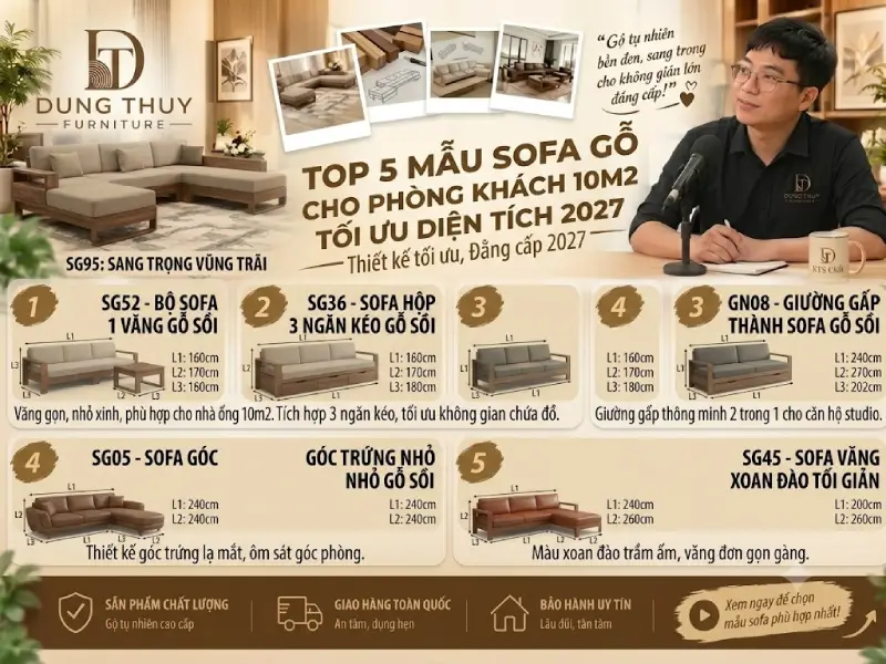 mẫu bàn ghế sofa gỗ cho phòng khách 10m2 nhỏ xinh