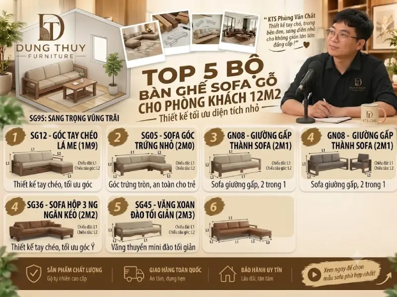 mẫu bàn ghế sofa gỗ tự nhiên cho phòng khách 12m2