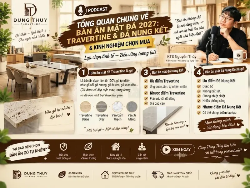 So sánh bàn ăn mặt đá travertine & bàn ăn mặt đá nung kết