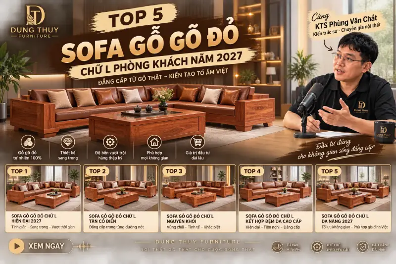 Sofa gỗ gõ đỏ chữ L phòng khách