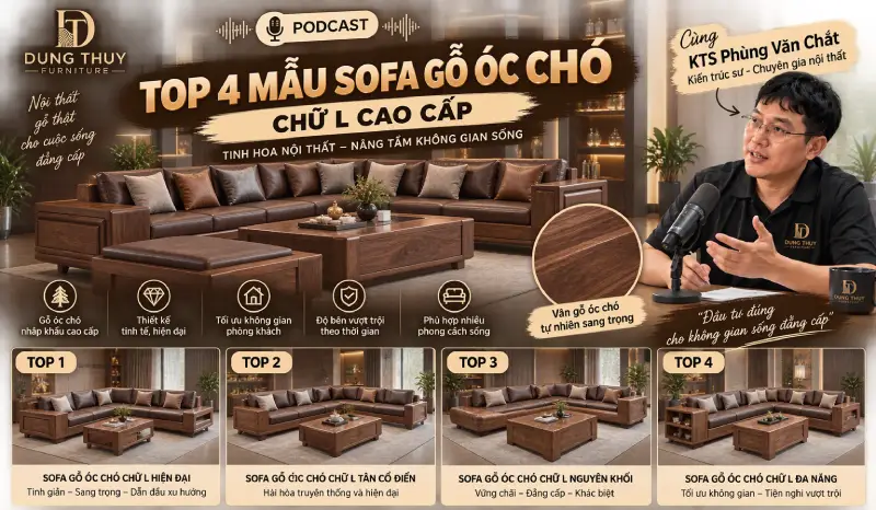 mẫu sofa gỗ óc chó chữ L cao cấp