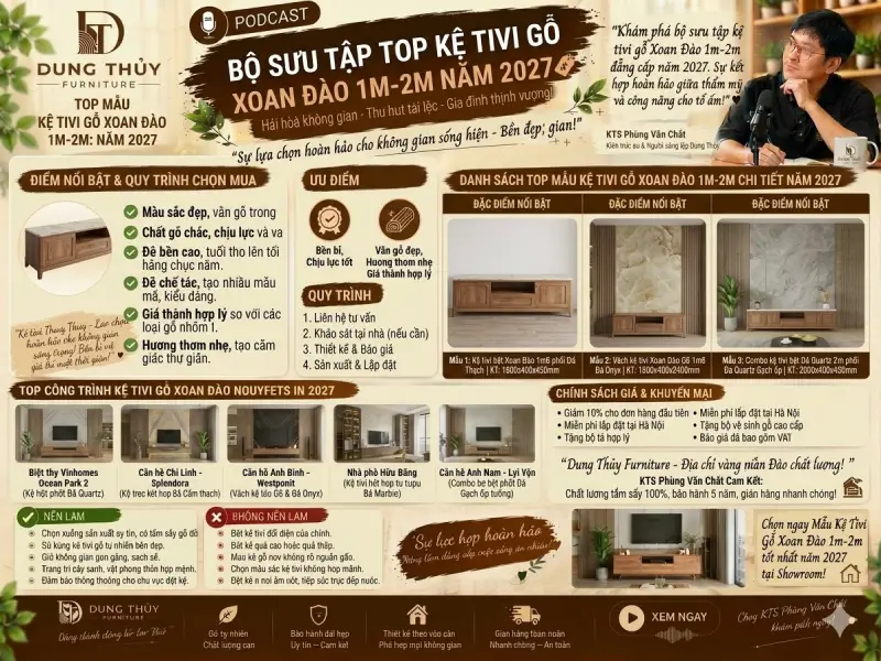 Top 6 mẫu kệ tivi gỗ xoan đào từ 1m-2m năm 2027