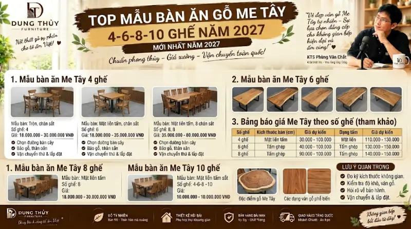 các mẫu bàn ăn gỗ me tây 4-6-8-10 ghế