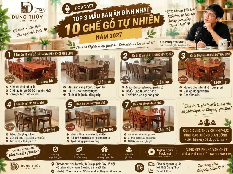 mẫu bàn ăn 10 ghế gỗ tự nhiên đỉnh