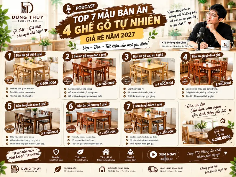 mẫu bàn ăn 4 ghế gỗ tự nhiên giá rẻ