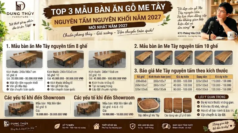mẫu bàn ăn gỗ me tây nguyên tấm nguyên khối