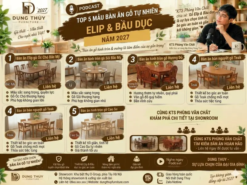 mẫu bàn ăn gỗ tự nhiên elip & bầu dục