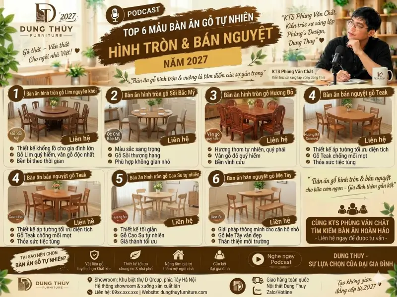 mẫu bàn ăn gỗ tự nhiên hình tròn & bán nguyệt