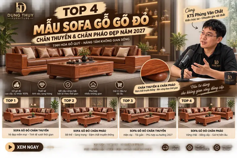 mẫu sofa gỗ gõ đỏ chân thuyền & chân pháo đẹp
