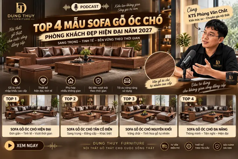 mẫu sofa gỗ óc chó phòng khách đẹp hiện đại