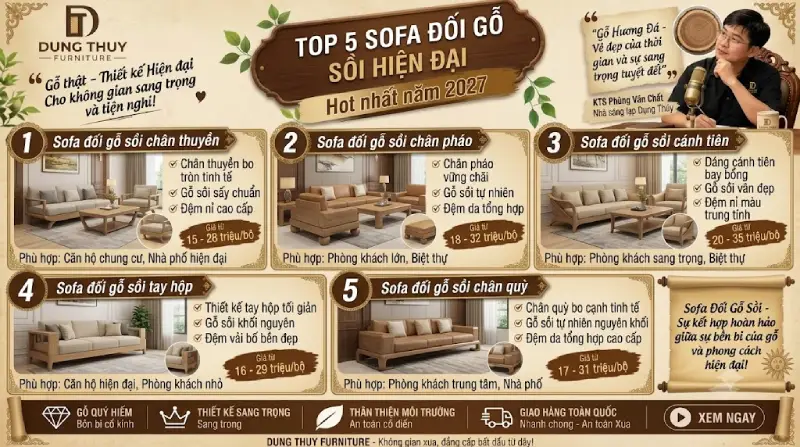 sofa đối gỗ sồi hiện đại